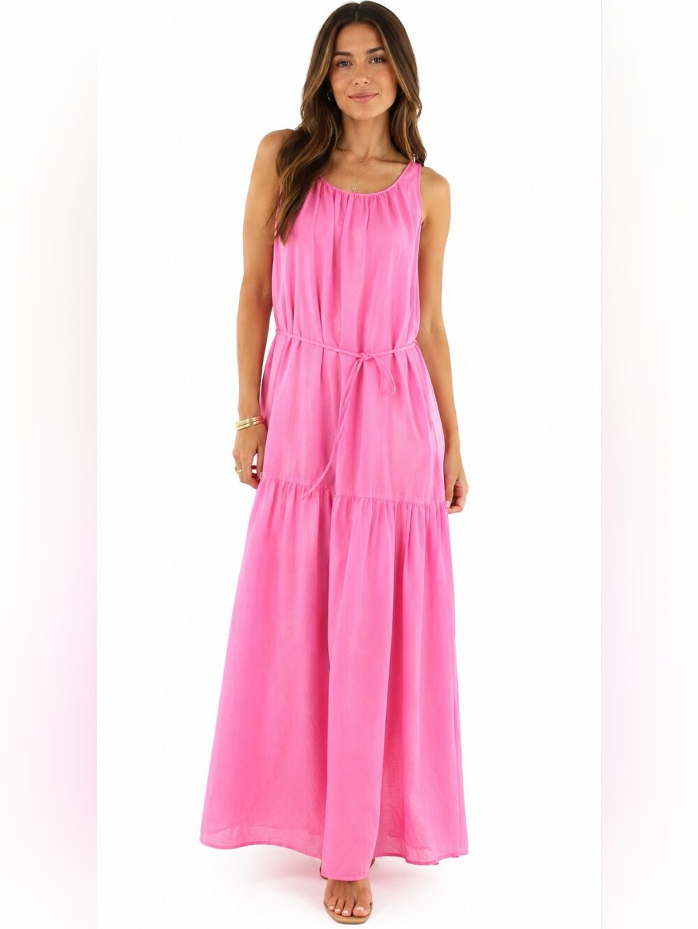 Bird & Knoll Maxi Dress Criss Cross Tie Belt Drop Waist Pink Silk Blend NWT